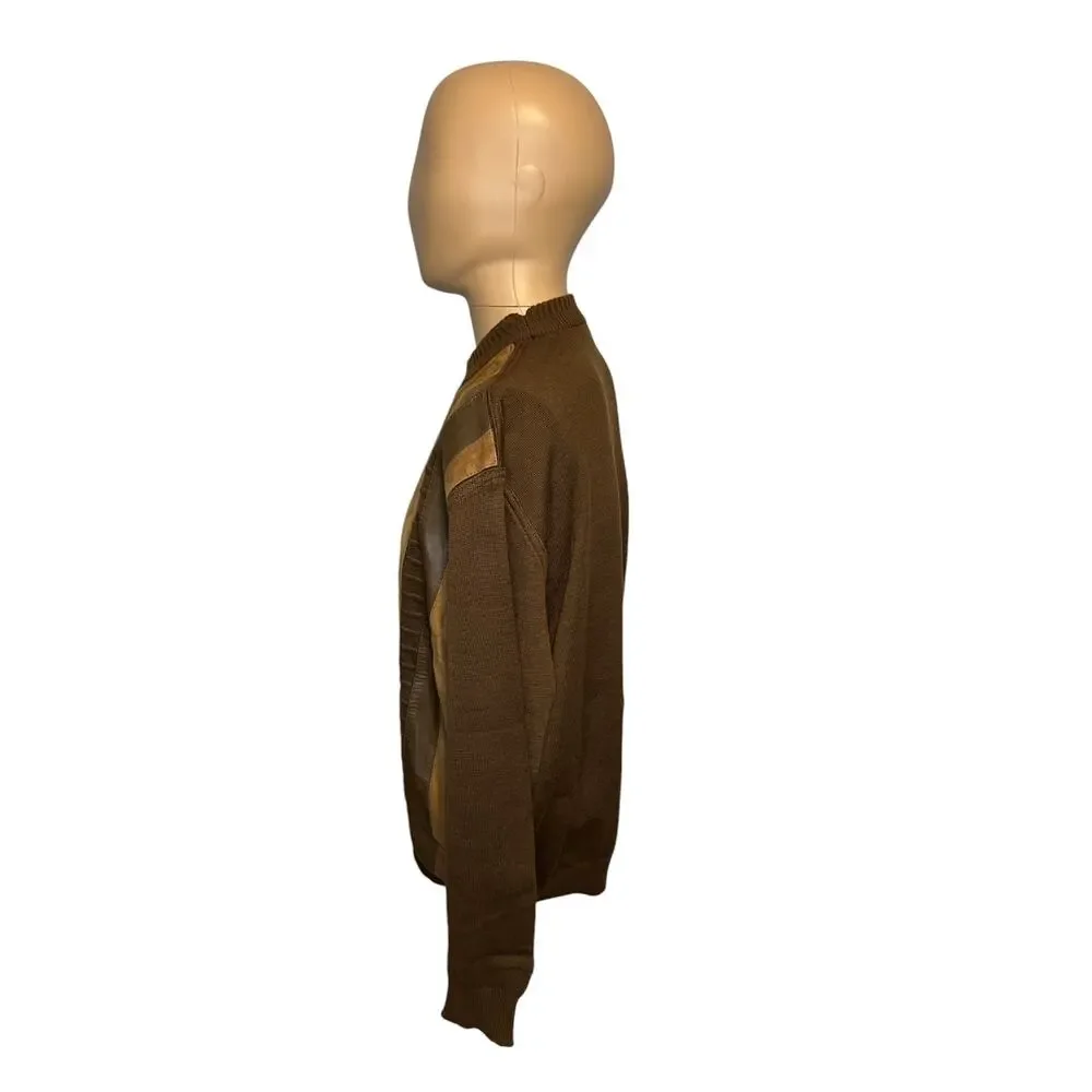 Vintage Cuzzens Leather Striped Sweater Mens Size XL Brown Merino Wool Very Rare